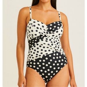 LANDS END SlenderSuit Wrap Bandeau One Piece Polka Dot Swimsuit Size 18 NWT